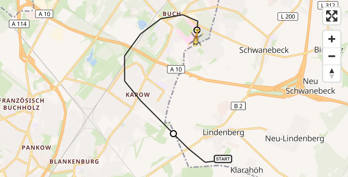 Flugroute Rettungshubschrauber Ahrensfelde - Helios Clinic Berlin-Buch, 30 Mai 2026, 18:43