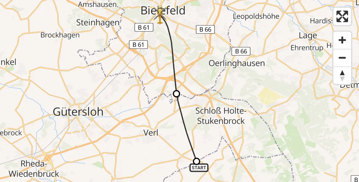 Flugroute Rettungshubschrauber Hövelhof - Bielefeld, 30 Mai 2026, 18:46