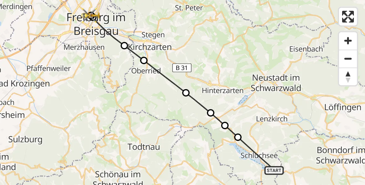 Flugroute Rettungshubschrauber Schluchsee - Freiburg University Hospital Heliport 1, 30 Mai 2026, 18:48