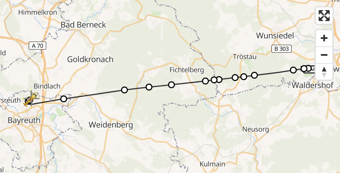 Flugroute Rettungshubschrauber Fichtelgebirge Hospital Marktredwitz - Hohe Warte Hospital, 30 Mai 2026, 18:51