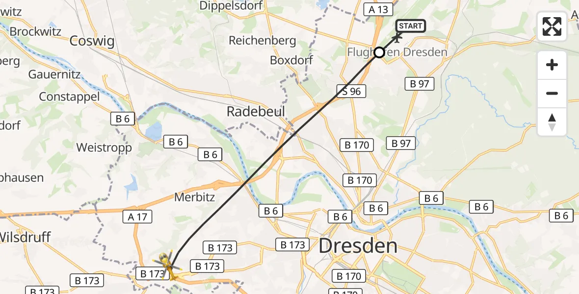 Flugroute Rettungshubschrauber Dresden Flughafen - Dresden, 30 Mai 2026, 19:01
