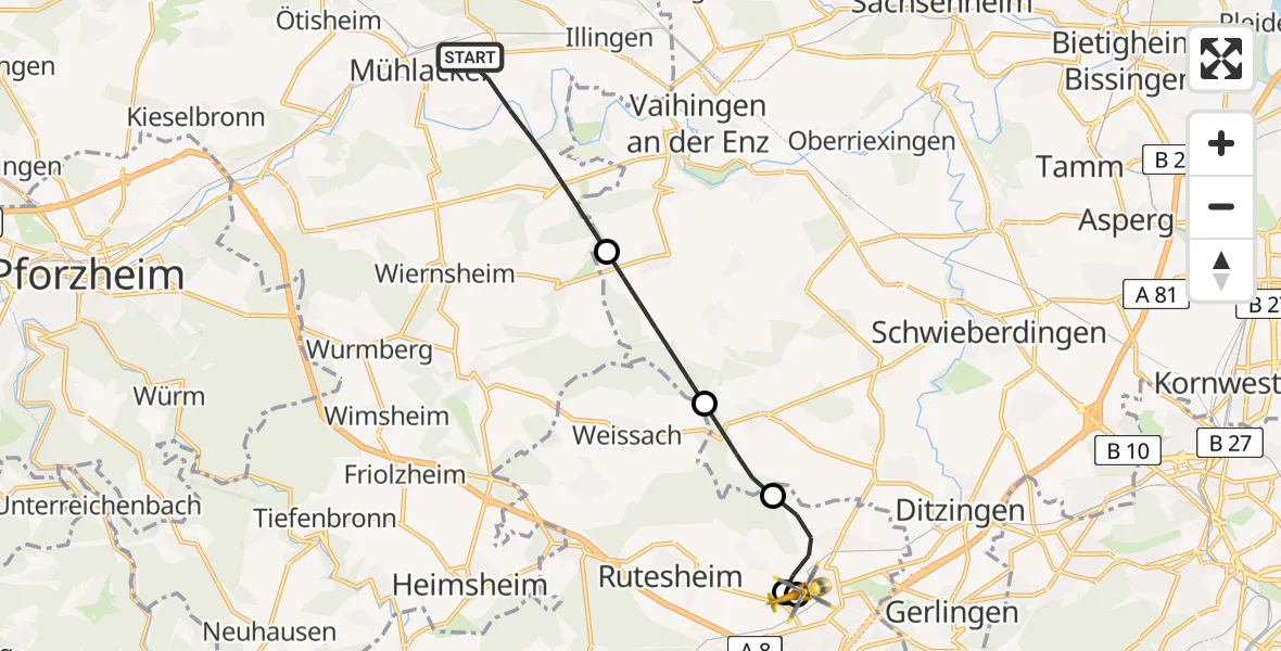 Flugroute Rettungshubschrauber Mühlacker - Leonberg Hospital, 30 Mai 2026, 19:10