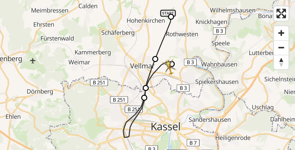 Flugroute Rettungshubschrauber Espenau - Fuldatal Bundespolizei Hubschrauberlandeplatz, 30 Mai 2026, 19:23