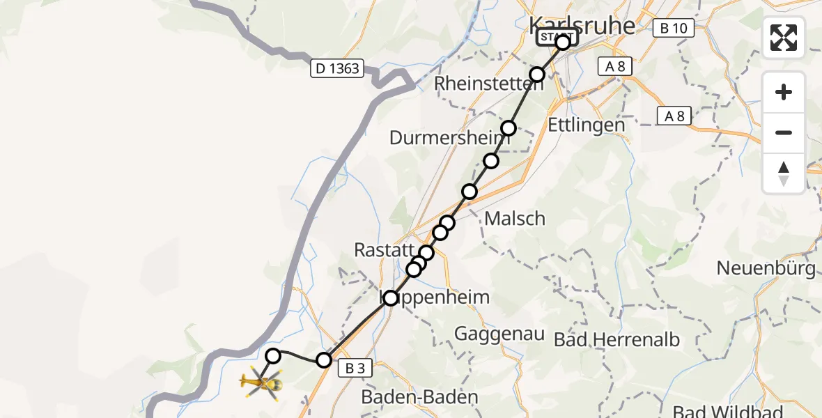 Flugroute Rettungshubschrauber Sankt Vincentius Hospital - Karlsruhe Baden-Baden Flughafen, 30 Mai 2026, 19:24