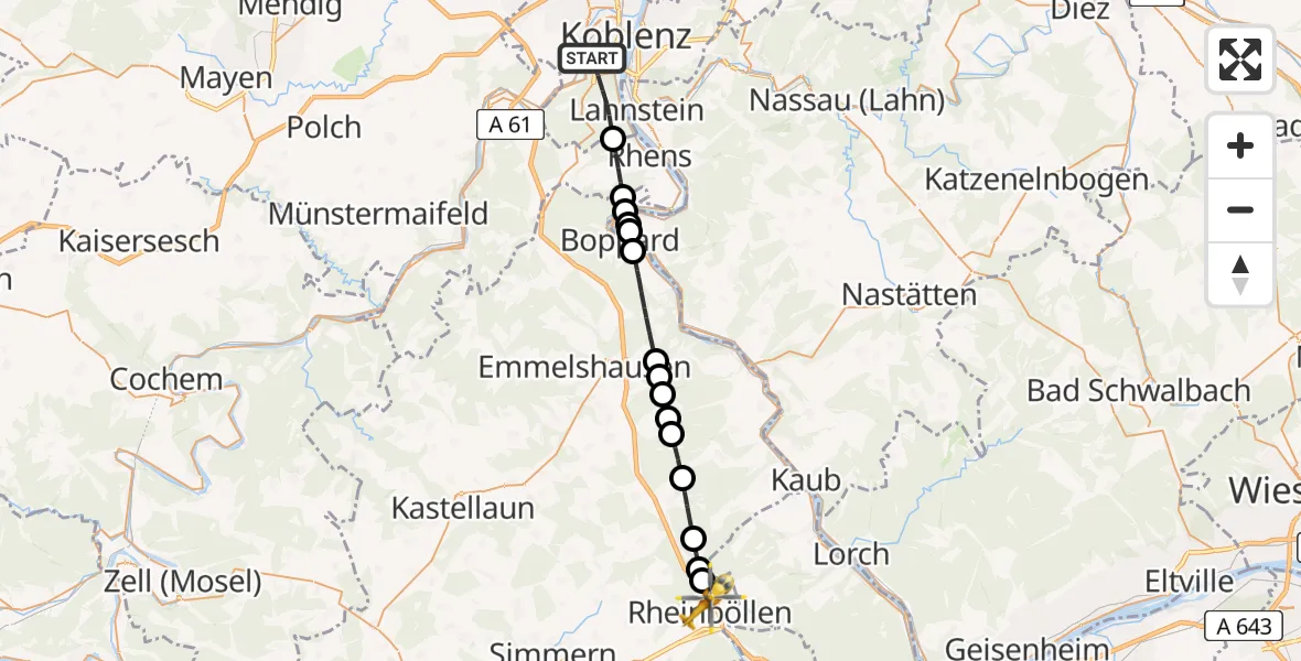 Flugroute Rettungshubschrauber Koblenz - Rheinböllen, 30 Mai 2026, 19:24
