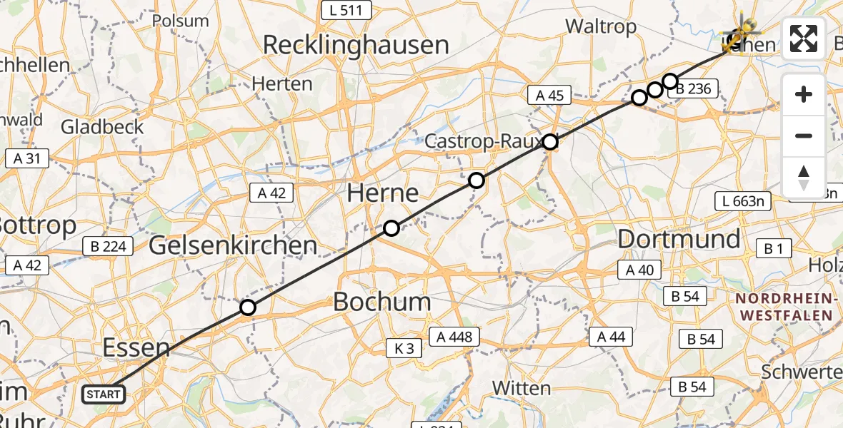 Flugroute Rettungshubschrauber Essen - Sankt Marien Hospital, 30 Mai 2026, 19:25