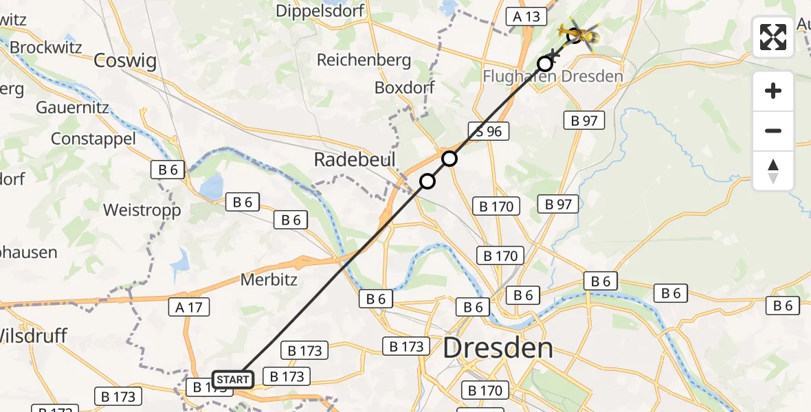 Flugroute Rettungshubschrauber Dresden - Dresden Bundespolizei Hubschrauberlandeplatz, 30 Mai 2026, 19:34