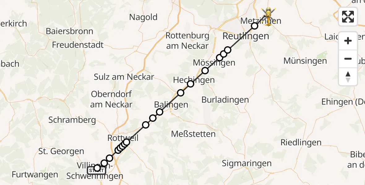 Flugroute Ambulanzhubschrauber DRF Air Rescue Station Villingen-Schwenningen Hubschrauberlandeplatz (Christoph 11) - Metzingen, 30 Mai 2026, 19:35
