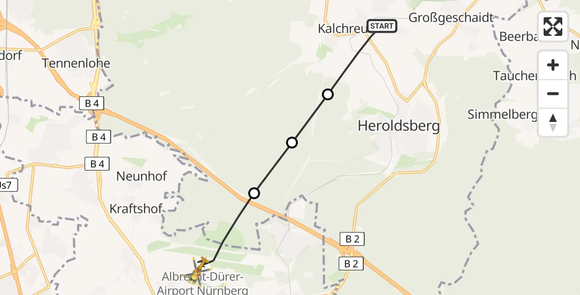 Flugroute Ambulanzhubschrauber Kalchreuth - Flughafen Nuremberg, 30 Mai 2026, 19:36