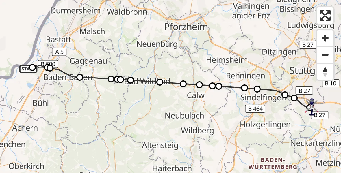 Flugroute Polizeihubschrauber Karlsruhe Baden-Baden Flughafen - Flughafen Stuttgart, 30 Mai 2026, 19:51