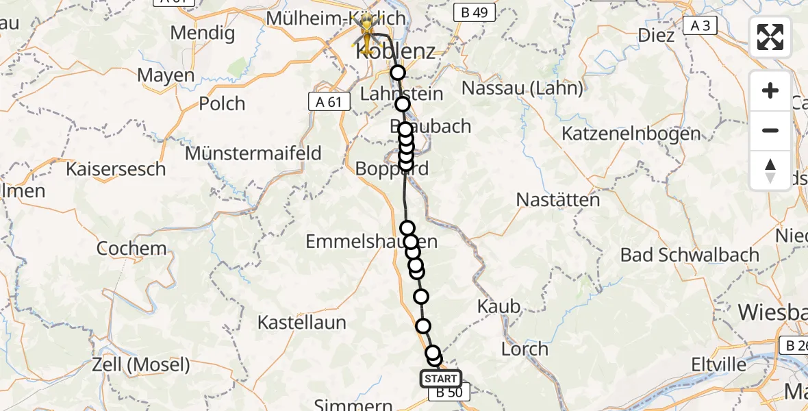 Flugroute Rettungshubschrauber Rheinböllen - Koblenz, 30 Mai 2026, 20:12