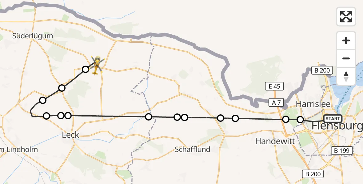 Flugroute Rettungshubschrauber Flensburg - Ladelund, 30 Mai 2026, 20:25