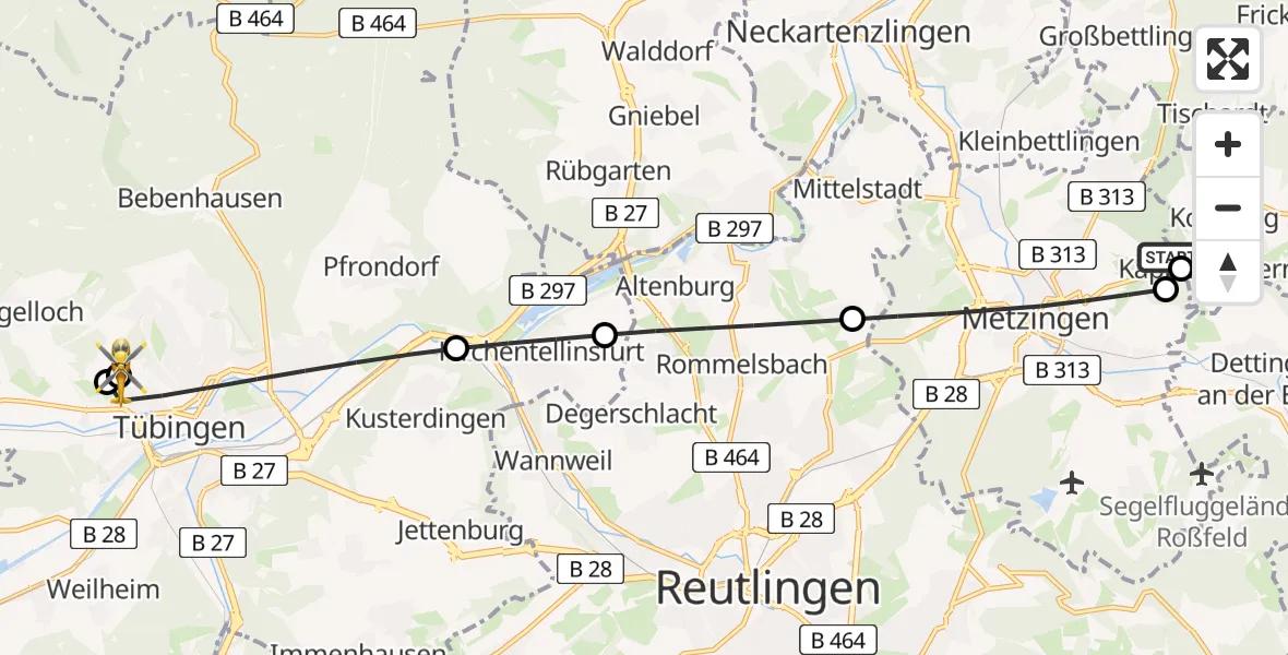 Flugroute Ambulanzhubschrauber Metzingen - Tübingen University Hospital, 30 Mai 2026, 20:48