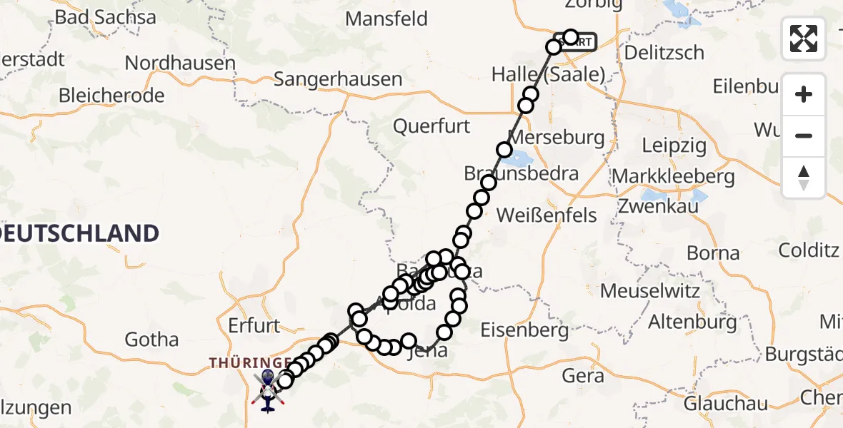 Flugroute Polizeihubschrauber Halle-Oppin Flugplatz - Arnstadt-Alkersleben Flugplatz, 30 Mai 2026, 20:56
