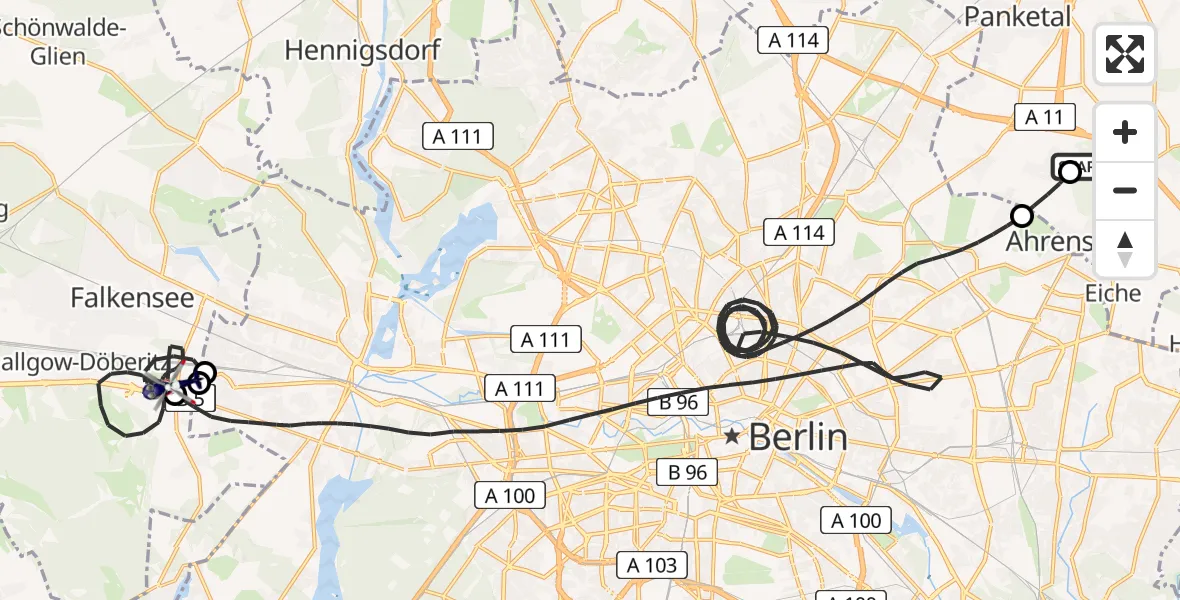 Flugroute Polizeihubschrauber Ahrensfelde Hubschrauberlandeplatz - Berlin-Staaken Flughafen, 30 Mai 2026, 21:05