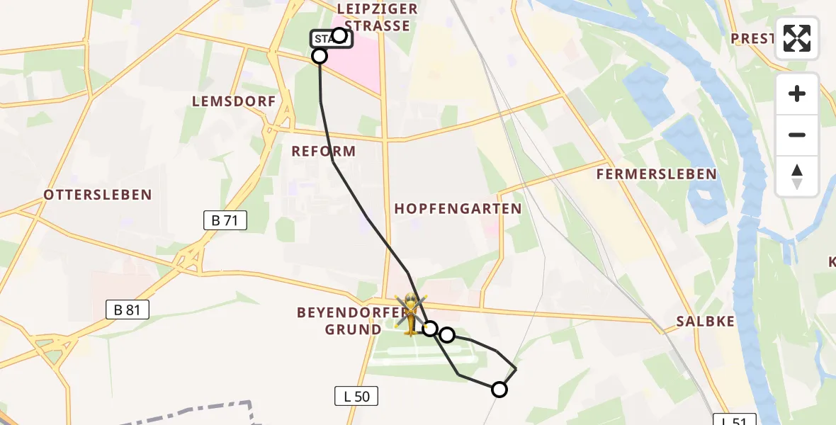 Flugroute Rettungshubschrauber Magdeburg - Magdeburg City Flugplatz, 30 Mai 2026, 21:16