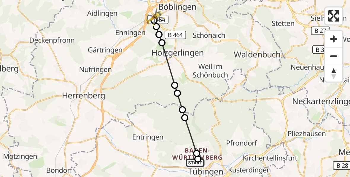 Flugroute Ambulanzhubschrauber Tübingen University Hospital - Böblingen, 30 Mai 2026, 21:25