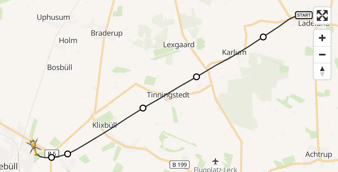 Flugroute Rettungshubschrauber Ladelund - Niebüll, 30 Mai 2026, 21:26