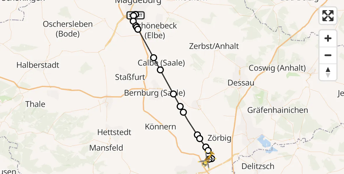 Flugroute Rettungshubschrauber Magdeburg City Flugplatz - Halle-Oppin Flugplatz, 30 Mai 2026, 21:41