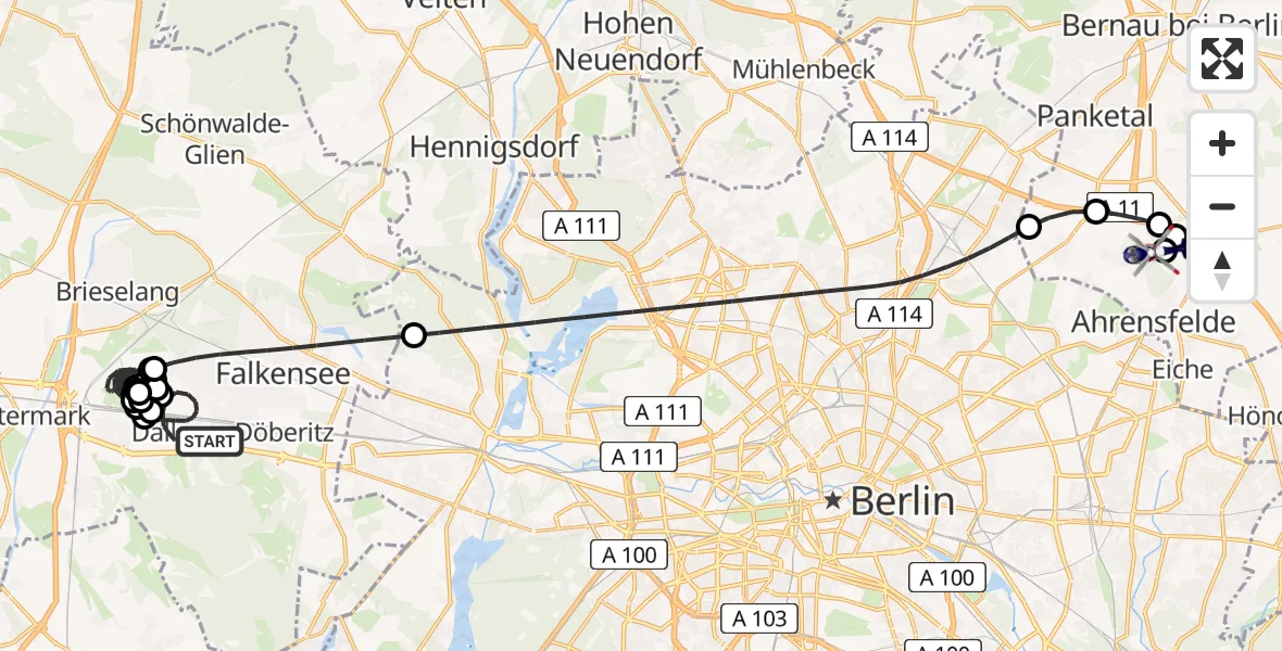 Flugroute Polizeihubschrauber Dallgow-Döberitz - Ahrensfelde Hubschrauberlandeplatz, 30 Mai 2026, 21:51