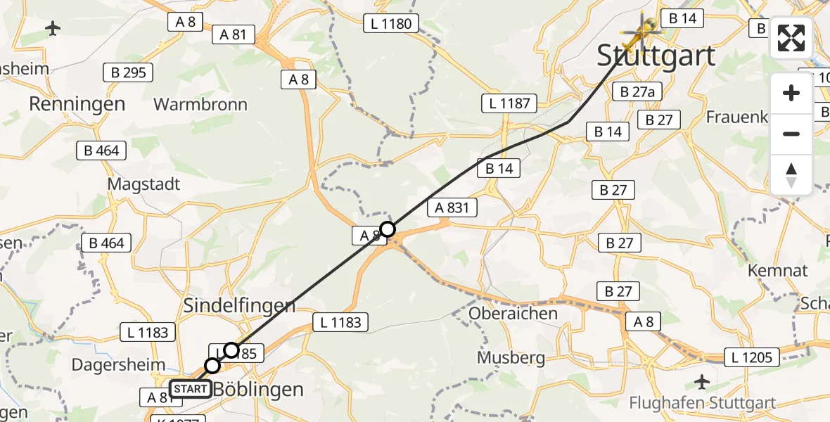 Flugroute Ambulanzhubschrauber Böblingen - Stuttgart, 30 Mai 2026, 22:15