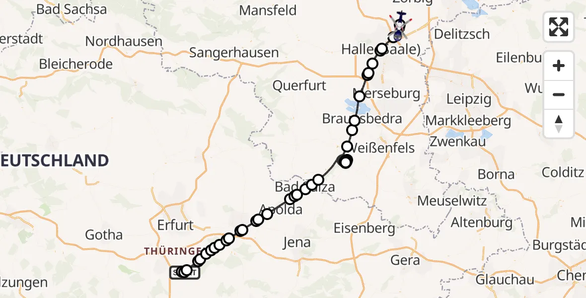Flugroute Polizeihubschrauber Arnstadt-Alkersleben Flugplatz - Halle-Oppin Flugplatz, 30 Mai 2026, 22:20