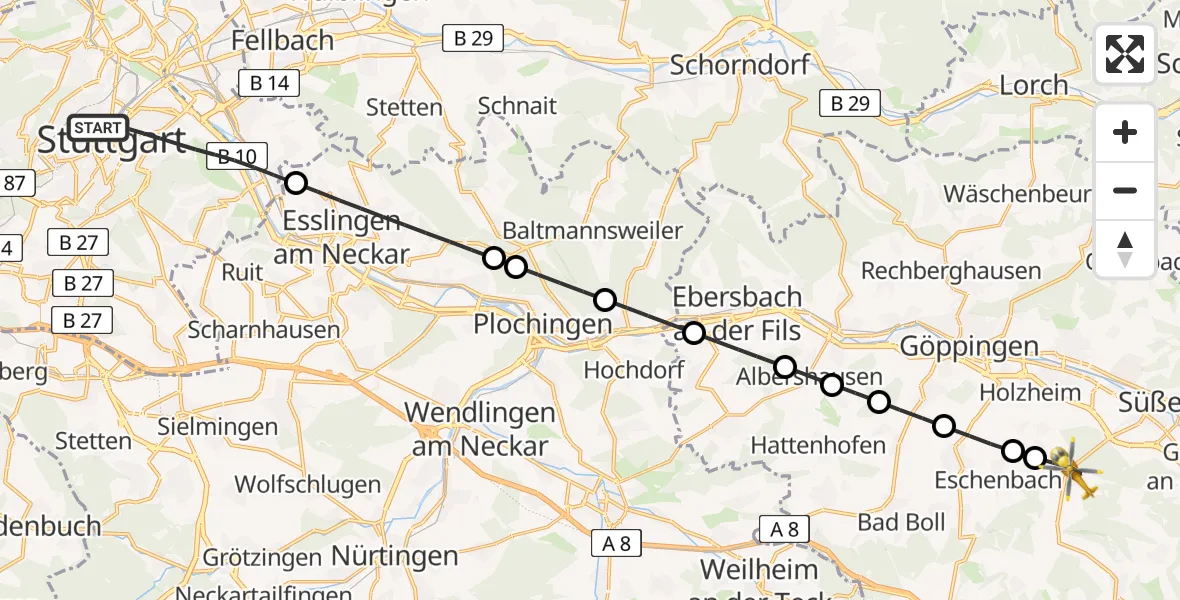 Flugroute Ambulanzhubschrauber Stuttgart - Schlat, 30 Mai 2026, 22:44