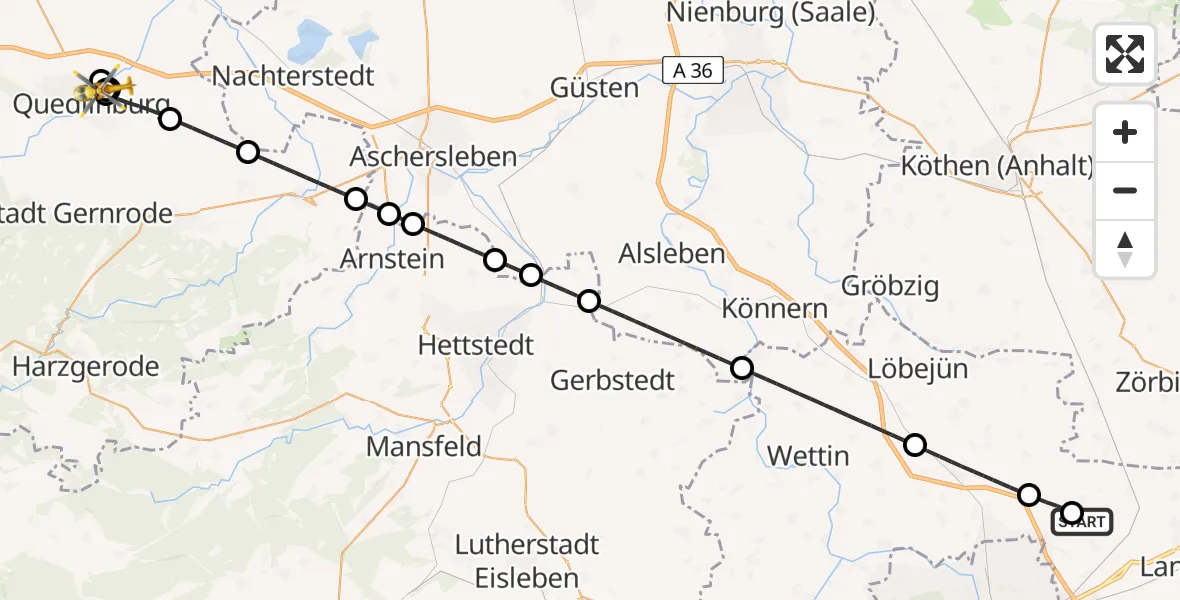 Flugroute Rettungshubschrauber Halle-Oppin Flugplatz - Harz Hospital Quedlinburg, 30 Mai 2026, 23:22