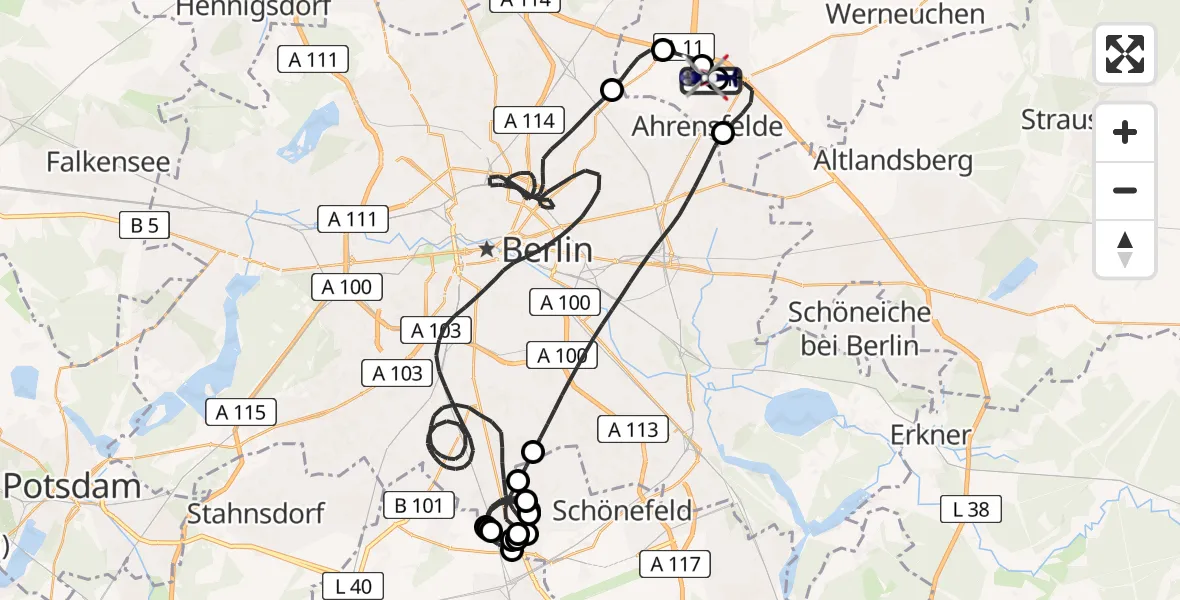 Flugroute Polizeihubschrauber Ahrensfelde Hubschrauberlandeplatz - Ahrensfelde Hubschrauberlandeplatz, 30 Mai 2026, 23:41