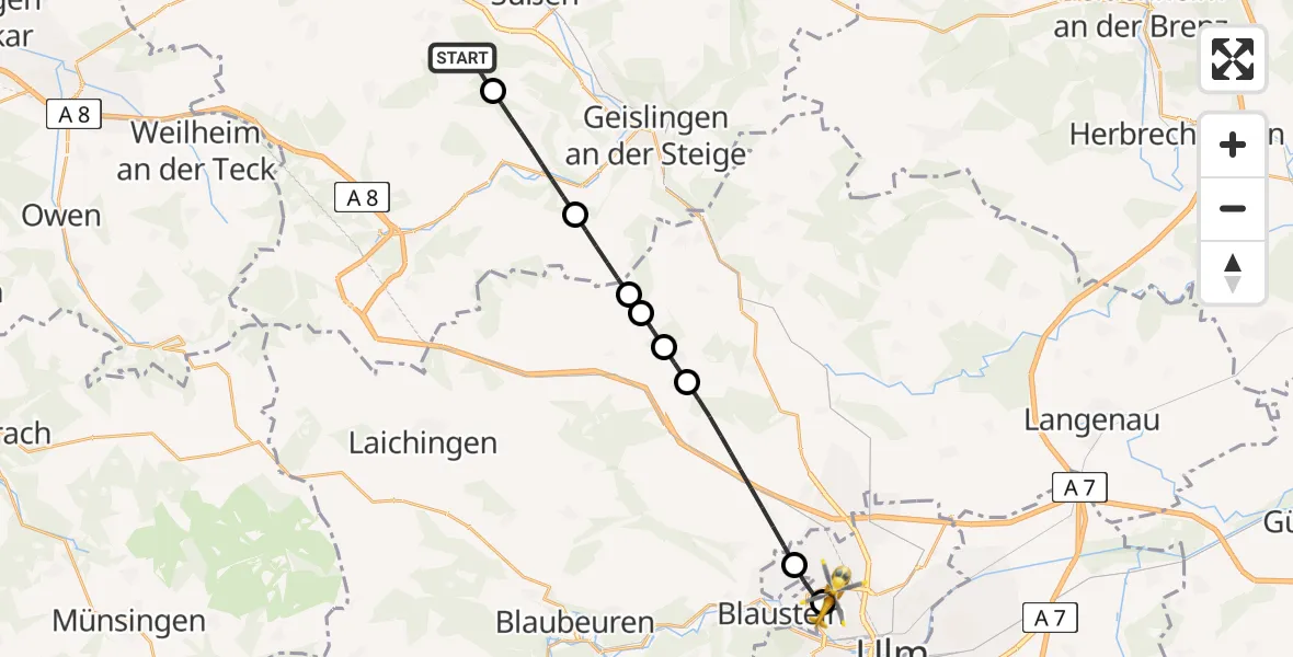 Flugroute Ambulanzhubschrauber Schlat - Ulm Military Hospital Emergency Hubschrauberlandeplatz, 30 Mai 2026, 23:46