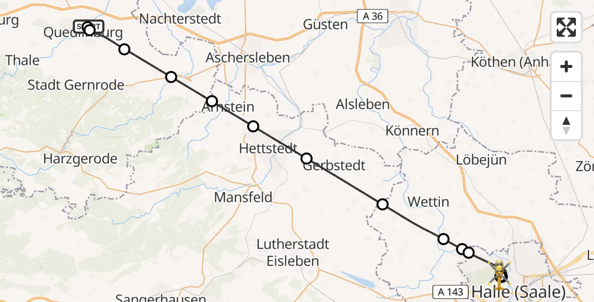 Flugroute Rettungshubschrauber Harz Hospital Quedlinburg - Halle (Saale) University Hospital, 31 Mai 2026, 00:24