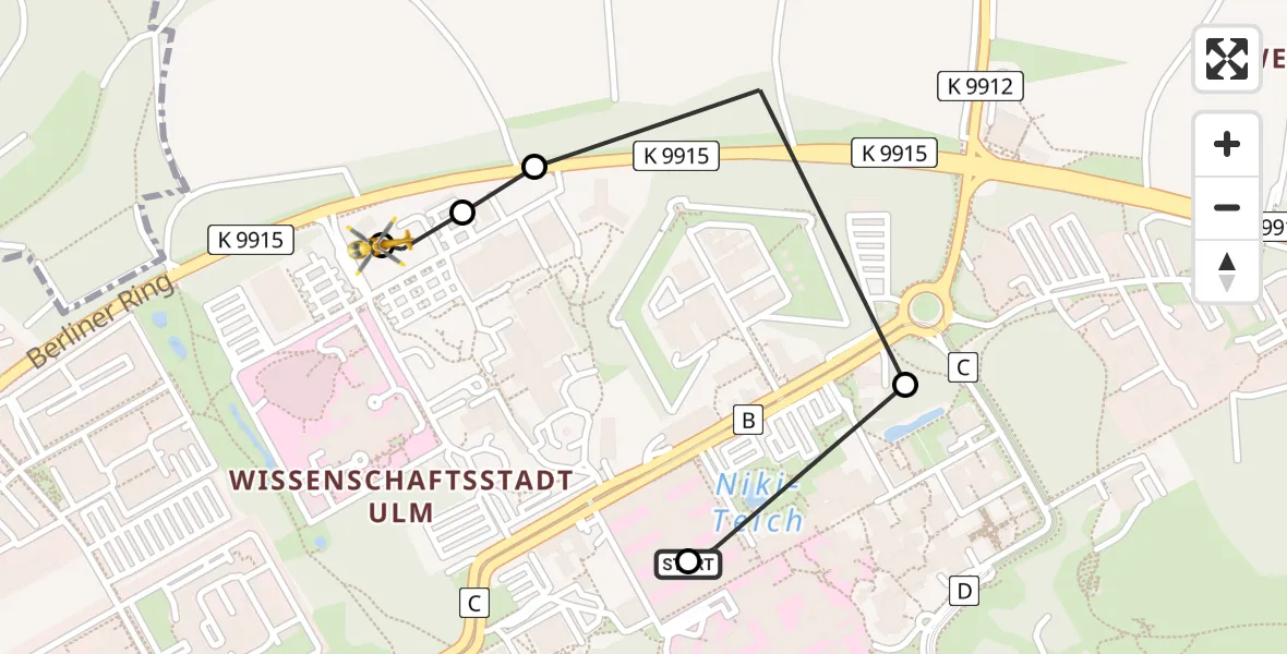 Flugroute Ambulanzhubschrauber Ulm Military Hospital Emergency - ADAC Air Rescue Station Ulm (Christoph 22), 31 Mai 2026, 00:58