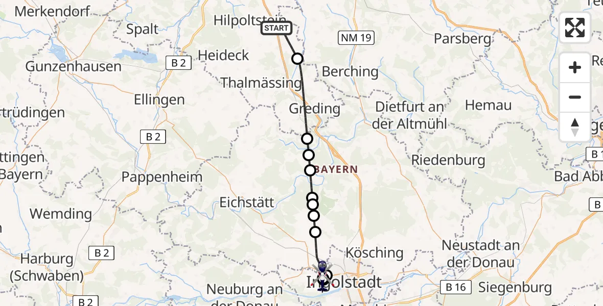 Flugroute Polizeihubschrauber Hilpoltstein - Ingolstadt Hospital, 31 Mai 2026, 01:05