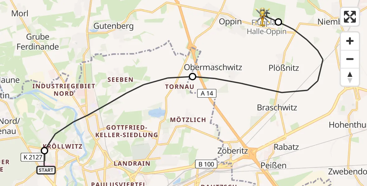 Flugroute Rettungshubschrauber Halle (Saale) University Hospital - Halle-Oppin Flugplatz, 31 Mai 2026, 01:10