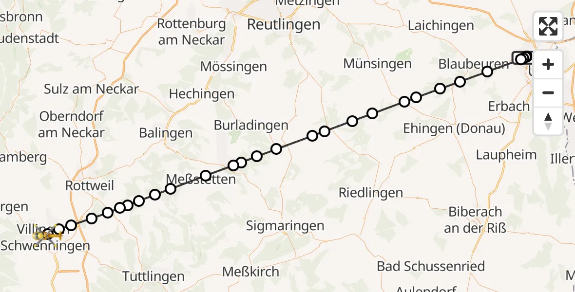 Flugroute Ambulanzhubschrauber Ulm Military Hospital Emergency - DRF Air Rescue Station Villingen-Schwenningen Hubschrauberlandeplatz (Christoph 11), 31 Mai 2026, 01:18