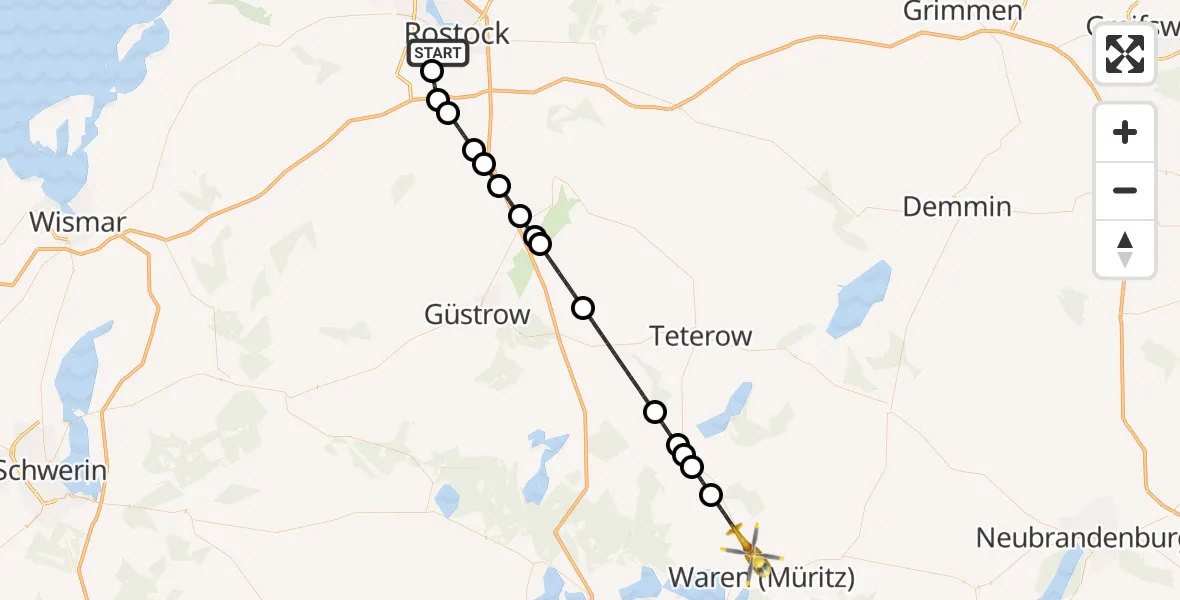 Flugroute Rettungshubschrauber Rostock - Waren (Müritz), 31 Mai 2026, 01:29