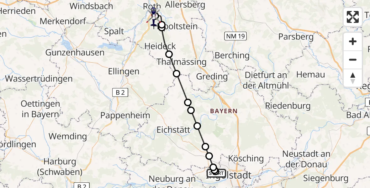 Flugroute Polizeihubschrauber Ingolstadt Hospital - Flugplatz Roth, 31 Mai 2026, 01:51