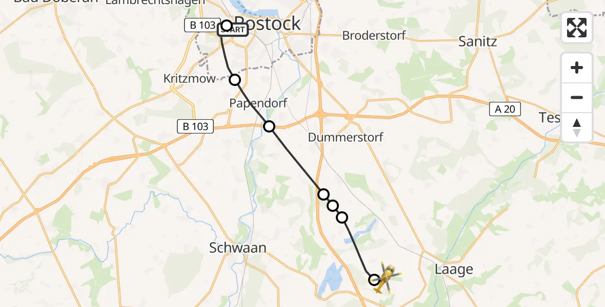 Flugroute Rettungshubschrauber Rostock University Hubschrauberlandeplatz - Flughafen Rostock-Laage, 31 Mai 2026, 03:09