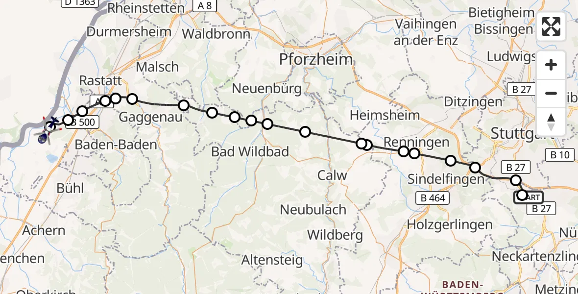 Flugroute Polizeihubschrauber Flughafen Stuttgart - Karlsruhe Baden-Baden Flughafen, 31 Mai 2026, 04:09