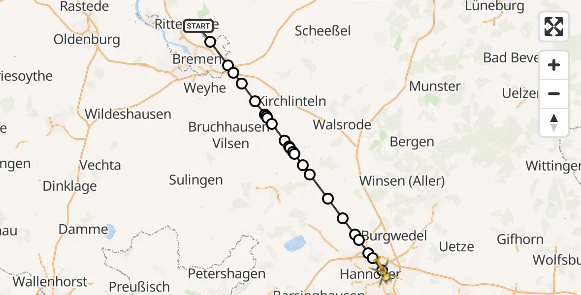 Flugroute Rettungshubschrauber Lilienthal - Hannover Luftrettung Hubschrauberlandeplatz (Christoph 4), 31 Mai 2026, 05:13