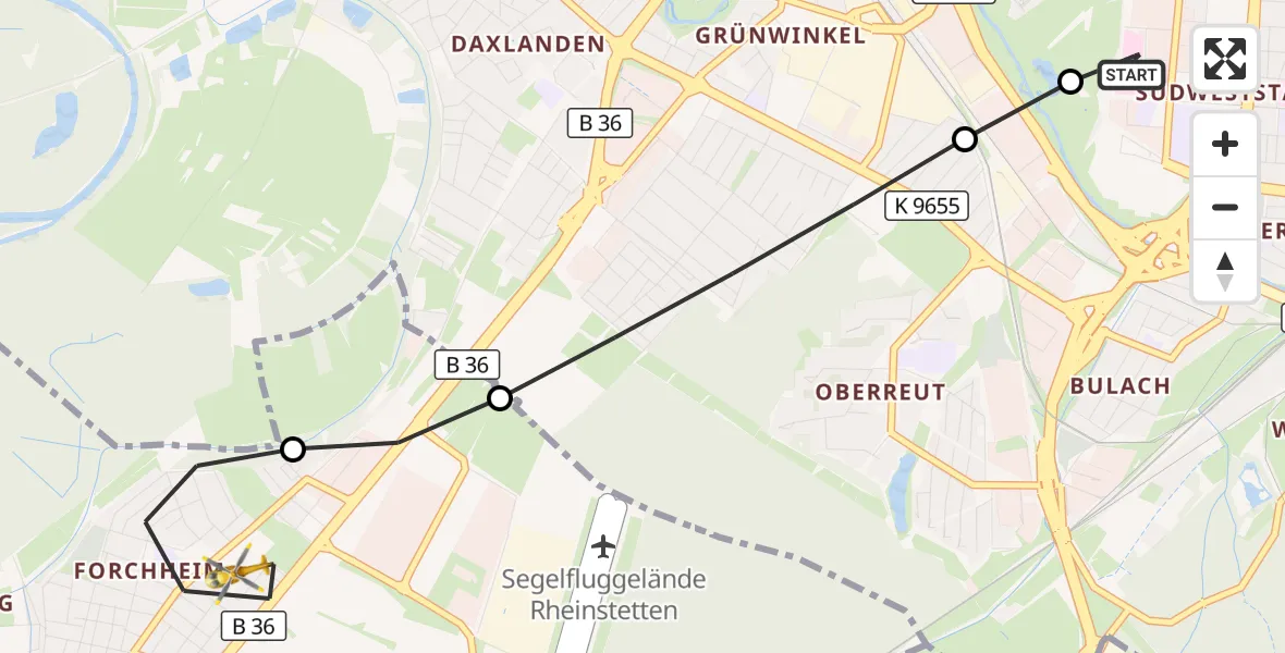 Flugroute Ambulanzhubschrauber Sankt Vincentius Hospital - Rheinstetten, 31 Mai 2026, 05:29