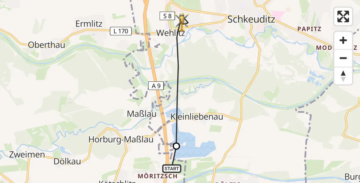 Flugroute Rettungshubschrauber Leuna - Schkeuditz, 31 Mai 2026, 05:30