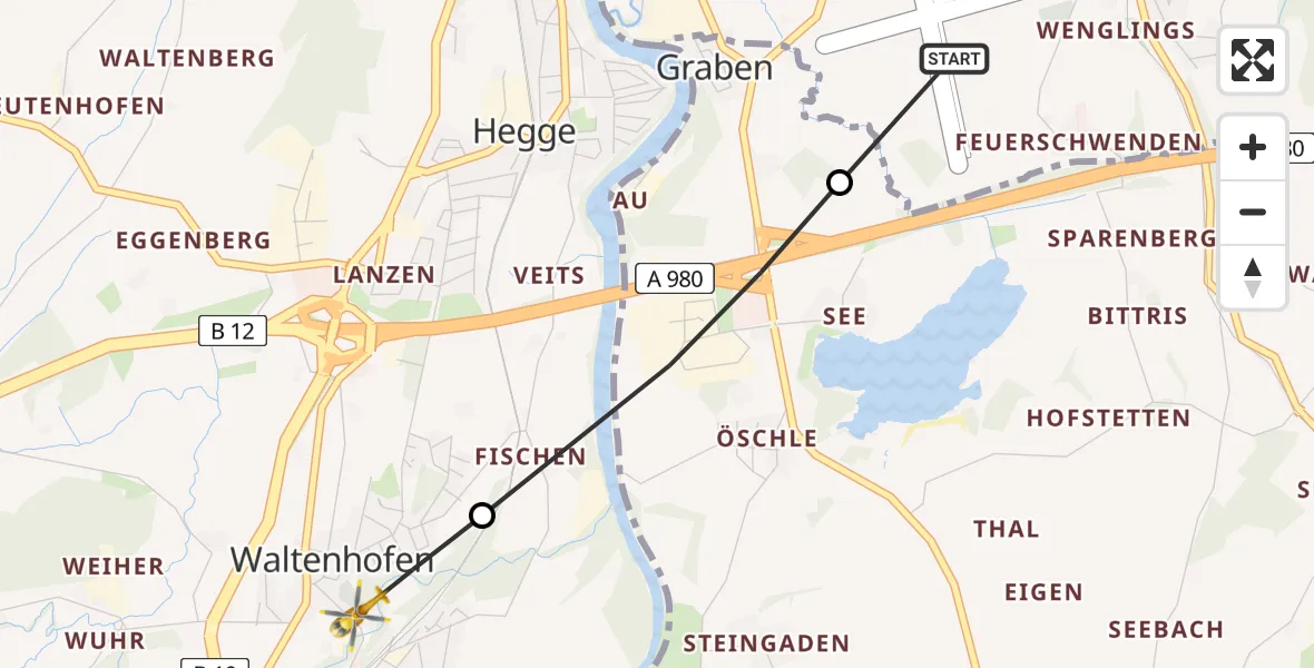 Flugroute Rettungshubschrauber Kempten-Durach Flugplatz - Waltenhofen, 31 Mai 2026, 05:45