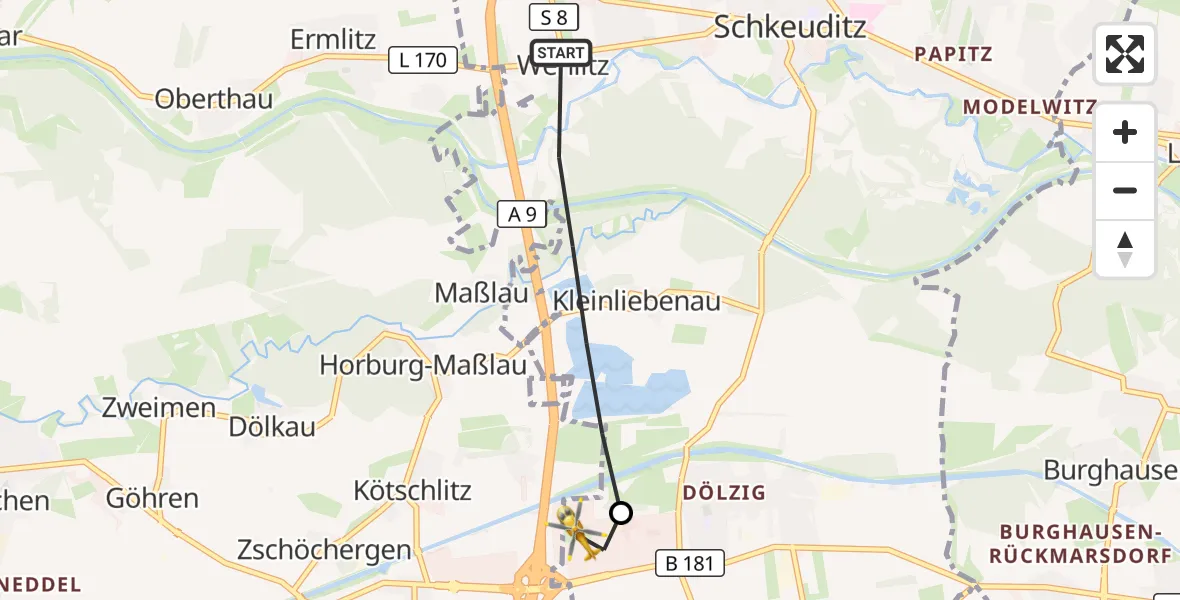 Flugroute Rettungshubschrauber Schkeuditz - ADAC Air Rescue Station Leipzig/Schkeuditz-Dölzig Hubschrauberlandeplatz (Christoph 61), 31 Mai 2026, 06:02