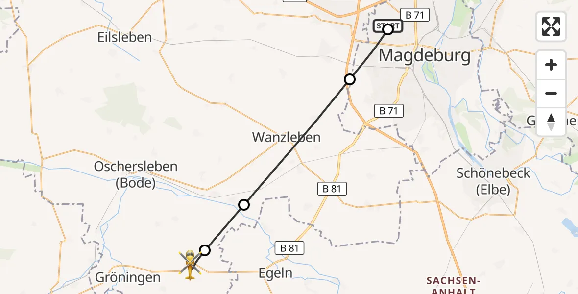 Flugroute Rettungshubschrauber Magdeburg Hospital - Kroppenstedt, 31 Mai 2026, 06:04