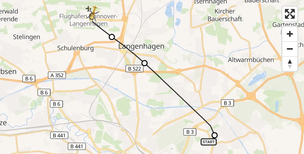 Flugroute Rettungshubschrauber Hannover Luftrettung Hubschrauberlandeplatz (Christoph 4) - Flughafen Hannover, 31 Mai 2026, 06:12
