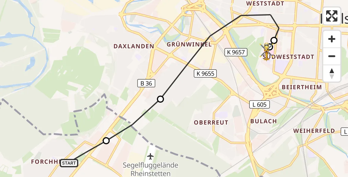 Flugroute Ambulanzhubschrauber Rheinstetten - Sankt Vincentius Hospital, 31 Mai 2026, 06:37