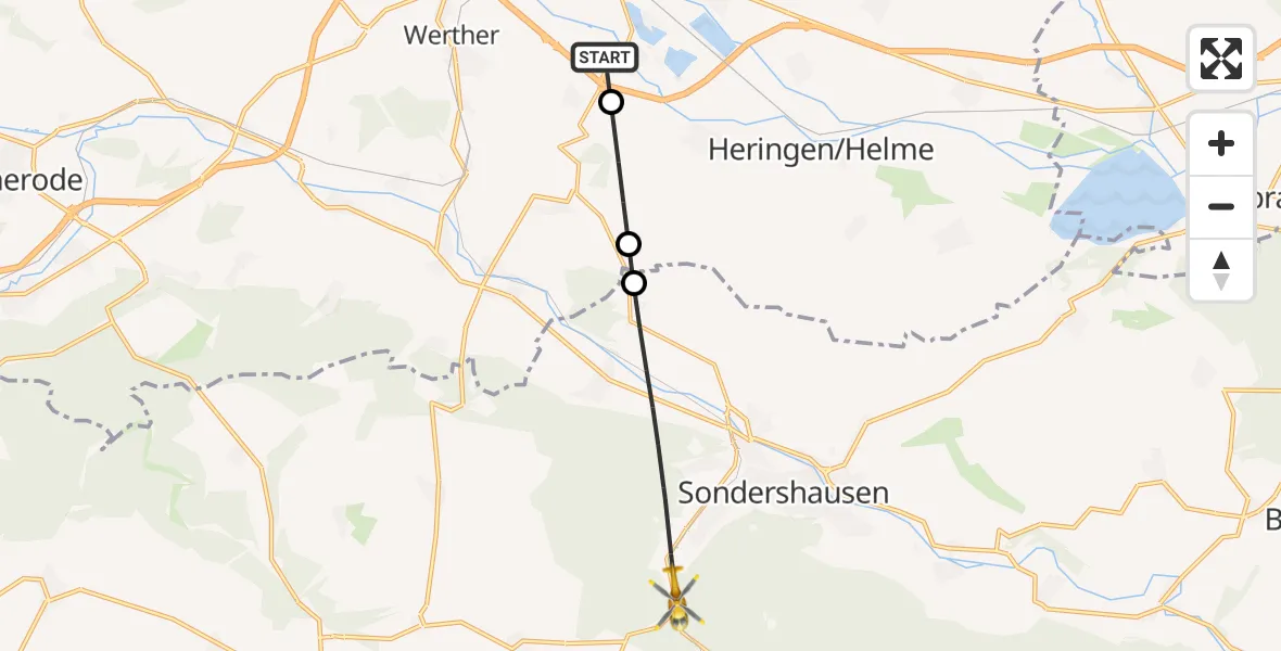 Flugroute Rettungshubschrauber Nordhausen - Sondershausen, 31 Mai 2026, 06:37