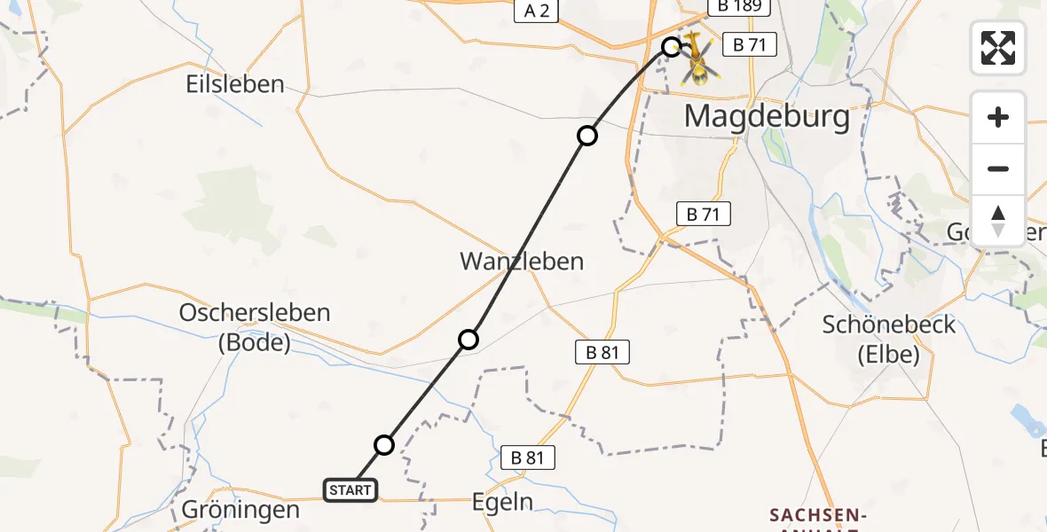 Flugroute Rettungshubschrauber Kroppenstedt - Magdeburg Hospital, 31 Mai 2026, 06:49