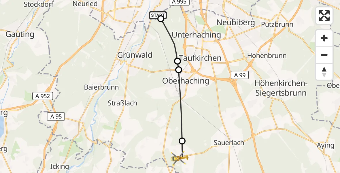 Flugroute Rettungshubschrauber ADAC Air Rescue Center Hubschrauberlandeplatz (Christoph 1) - Sauerlach, 31 Mai 2026, 06:58